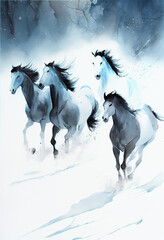 Fototapeta na wymiar watercolor illustration of running horses,generavie ai