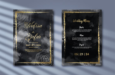 Luxurious wedding invitation with gold floral decoration and abstract black background. Aesthetic invitation template with beautiful decoration