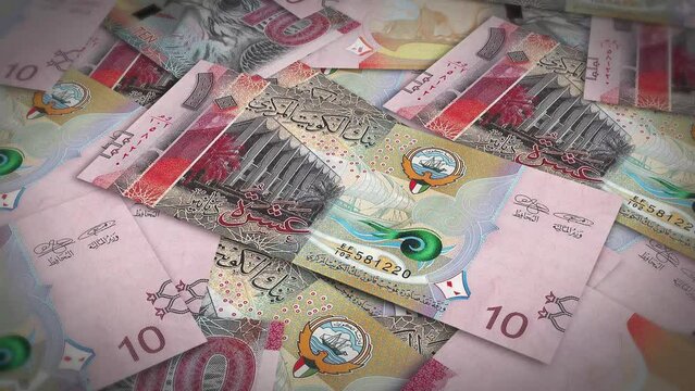 Pile of kuwait dinar cash money, inflation concept. Closeup new kuwait ten dinar bills 4k resolution