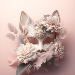 Whimsical Cat Carnival Mask. A Playful Fusion of Flowers, Feathers, and Bright Colors.