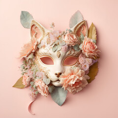 Whimsical Cat Carnival Mask. A Playful Fusion of Flowers, Feathers, and Bright Colors.