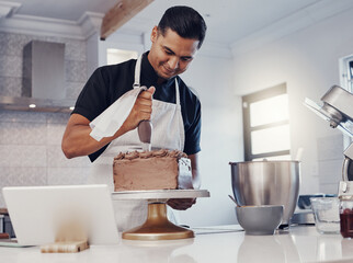 Piping, decorating and man baking a cake with chocolate in a kitchen or pastry chef happy with...