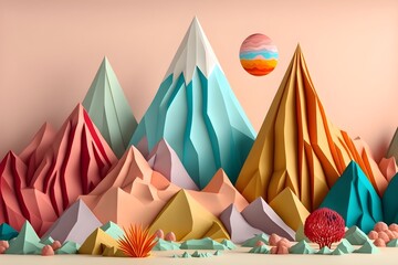 Abstract colorful mountains with a planets made of paper. Generative AI