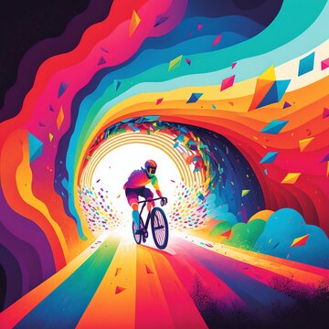 A painting of a person riding a bike through a colour rainbow tunnel with graffiti.