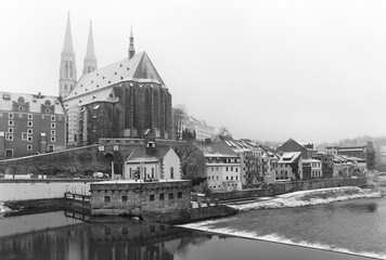 Goerlitz city on the Lusatian Neisse River in winter, Germany.