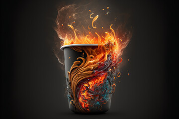 Coffee cup with splashes and flames of coffee and milk. Hot drink concept. Generative AI.