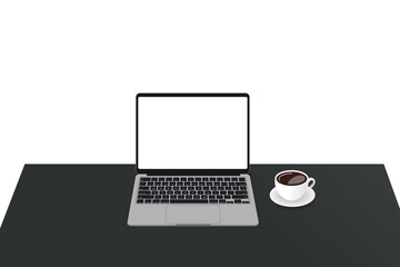 Laptop and coffee cup on transparent background and black desk. Free to use transparent background.
