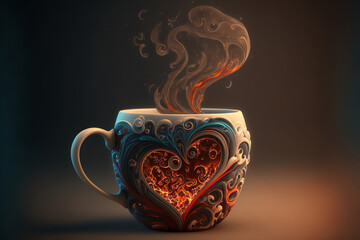 Coffee cup with splashes and flames of coffee and milk. Hot drink concept. Generative AI.