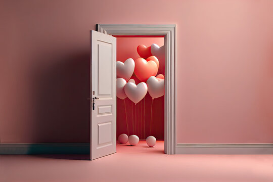 Room with open door and heart shaped balloons entering. concept of valentines arrival gifts love marriage and romantic