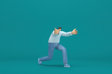 Fototapeta na wymiar cartoon character wearing jeans and long shirt. He is pulling or pushing something. 3d rendering in acting.