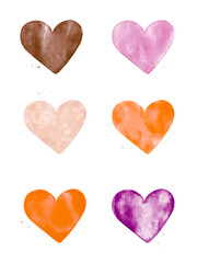 Valentines day card. Set of hand painted orange and purple watercolor hearts. Isolated objects on white background perfect for Valentine's day card or romantic post cards. 