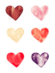 Valentines hearts in mixed colors. Hand illustrated set of watercolor hearts for valentines or mothers day card.