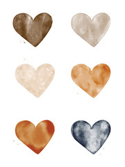 Fototapeta premium Valentines day card. Set of 6 hand illustrated watercolor hearts in different colors