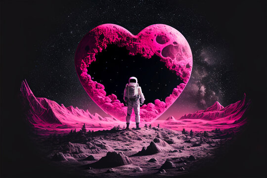 Astronaut in the moon outer space against the mist heart shape in the background. Valentines Day Concept. Generative AI