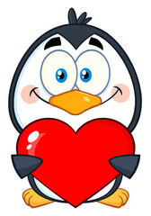 Cute Penguin Cartoon Character Holding A Valentine Heart. Hand Drawn Illustration Isolated On Transparent Background