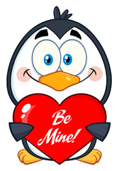 Smiling Penguin Cartoon Character Holding A Be Mine Valentine Heart. Hand Drawn Illustration Isolated On Transparent Background