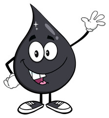 Petroleum Or Oil Drop Cartoon Character Waving. Hand Drawn Illustration Isolated On Transparent Background