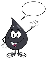 Petroleum Or Oil Drop Cartoon Character Waving With Speech Bubble. Hand Drawn Illustration Isolated On Transparent Background