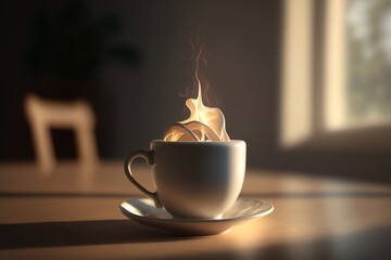 White coffee cup with cream hat on light background. Morning coffee. Generative AI.
