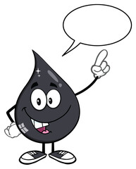 Talking Petroleum Or Oil Drop Cartoon Character Holding Up An Idea Finger With Speech Bubble. Hand Drawn Illustration Isolated On Transparent Background
