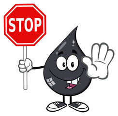 Smiling Petroleum Or Oil Drop Cartoon Character Holding A Stop Sign. Hand Drawn Illustration Isolated On Transparent Background