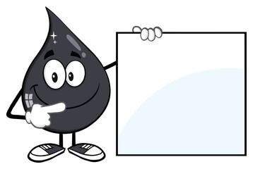 Petroleum Or Oil Drop Cartoon Character Holding And Pointing To A Blank Sign. Hand Drawn Illustration Isolated On Transparent Background