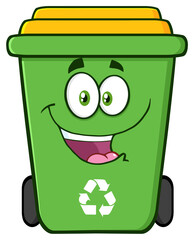 Happy Green Recycle Bin Cartoon Character. Hand Drawn Illustration Isolated On Transparent Background