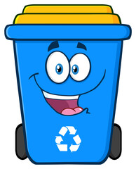 Happy Blue Recycle Bin Cartoon Character. Hand Drawn Illustration Isolated On Transparent Background