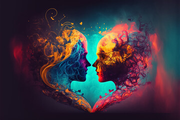 Lesbian love art for saint valentine's day.  Representation of two women kissing with a fire and ice frame with the shape of a heart. Generative ai.