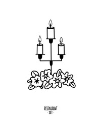 Contour vector clipart restaurant accessories on a white background. Candle holder, cocktail jug, cutlery. Logo, pattern, black and white.