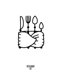 Contour vector clipart restaurant accessories on a white background. Candle holder, cocktail jug, cutlery. Logo, pattern, black and white.