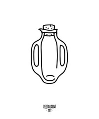 Contour vector clipart restaurant accessories on a white background. Candle holder, cocktail jug, cutlery. Logo, pattern, black and white.