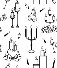 Contour vector clipart restaurant accessories on a white background. Candle holder, cocktail jug, cutlery. Logo, pattern, black and white.