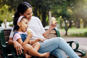 Summer, park and ice cream with a mother and girl bonding together while sitting on a bench outdoor...