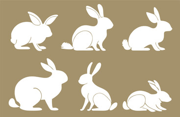 Easter bunnies silhouettes isolated on white background. Set of different rabbit silhouettes for design use