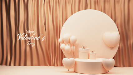 Happy Valentine's Day Text With 3D Render, Circle Podium Decorated Heart Shape Balloons And Gift Box Against Golden Curtains. Banner or Landing Page Design.