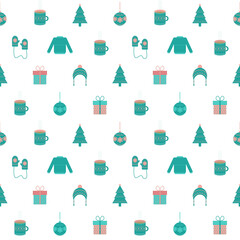 Seamless pattern with Christmas details - tree, decoration, gift, sweater, hat and mittens