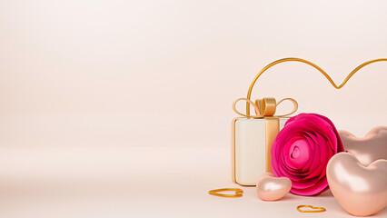 Pink Paper Rose With Glossy Heart Shapes, Gift Box And Copy Space. Valentine's Day Concept. 3D Render.