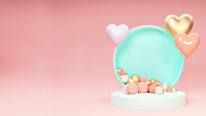 3D Render of Circular Stage Decorated With Heart Shapes On Pastel Pink Background.