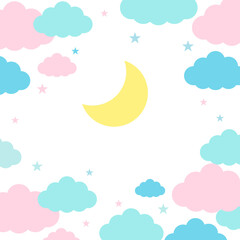 Moon, clouds and stars in pastel colors