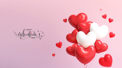 Happy Valentine's Day Standee Poster Or Banner Design With 3D Render, Red And White Heart  Balloons Bunch.