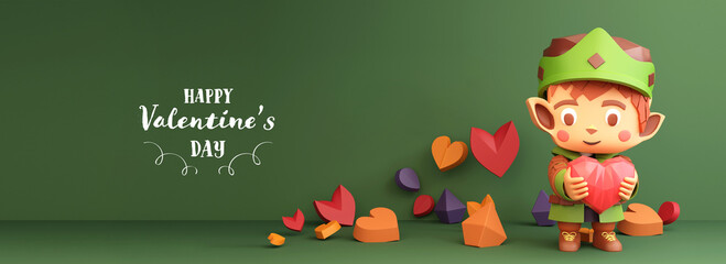 Happy Valentine's Day Landing Page, Poster Or Banner Design With 3D Render, Paper Heart Shapes And Cartoon Little Elf King.
