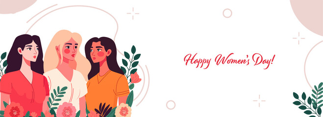 Happy Women's Day Banner Design With Fashionable Three Young Women Characters On Floral Decorated Background.