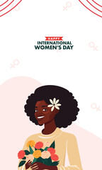 Happy International Women's Day Vertical Banner With African Young Woman Character Holding Bouquet.