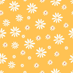 Seamless pattern retro 1970s hippie background with colorful flower chamomile in vintage style illustration with positive