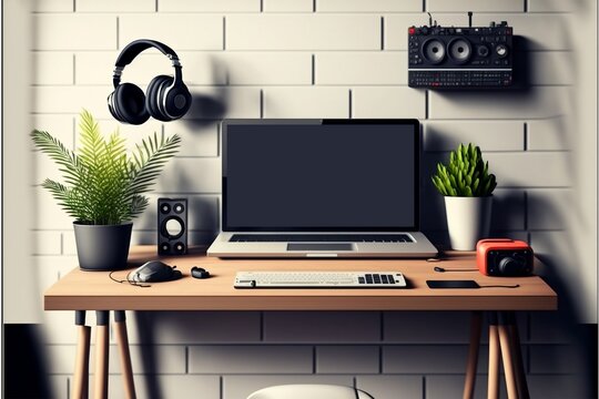 The workplace for content creator with microphone, laptop and headphones. home studio podcasting, online streaming, vlogging. Generative AI
