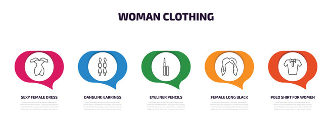 woman clothing infographic element with outline icons and 5 step or option. woman clothing icons such as sexy female dress, dangling earrings, eyeliner pencils, female long black hair, polo shirt