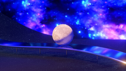 The ball of Moon smoothly rolls along the wavy chrome surface on a fantastic space, neon blue purple color.