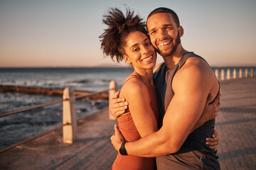 Fitness, love and portrait with couple and hug at beach for workout, exercise and health partner....
