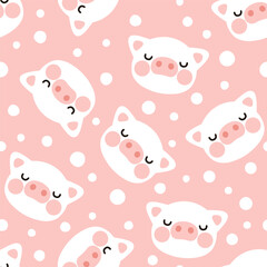 cute white pig happy face with scandinavian dots on a girly pink background. Kids woodland animals kawaii seamless pattern design for wrapping paper, fabric and textile.